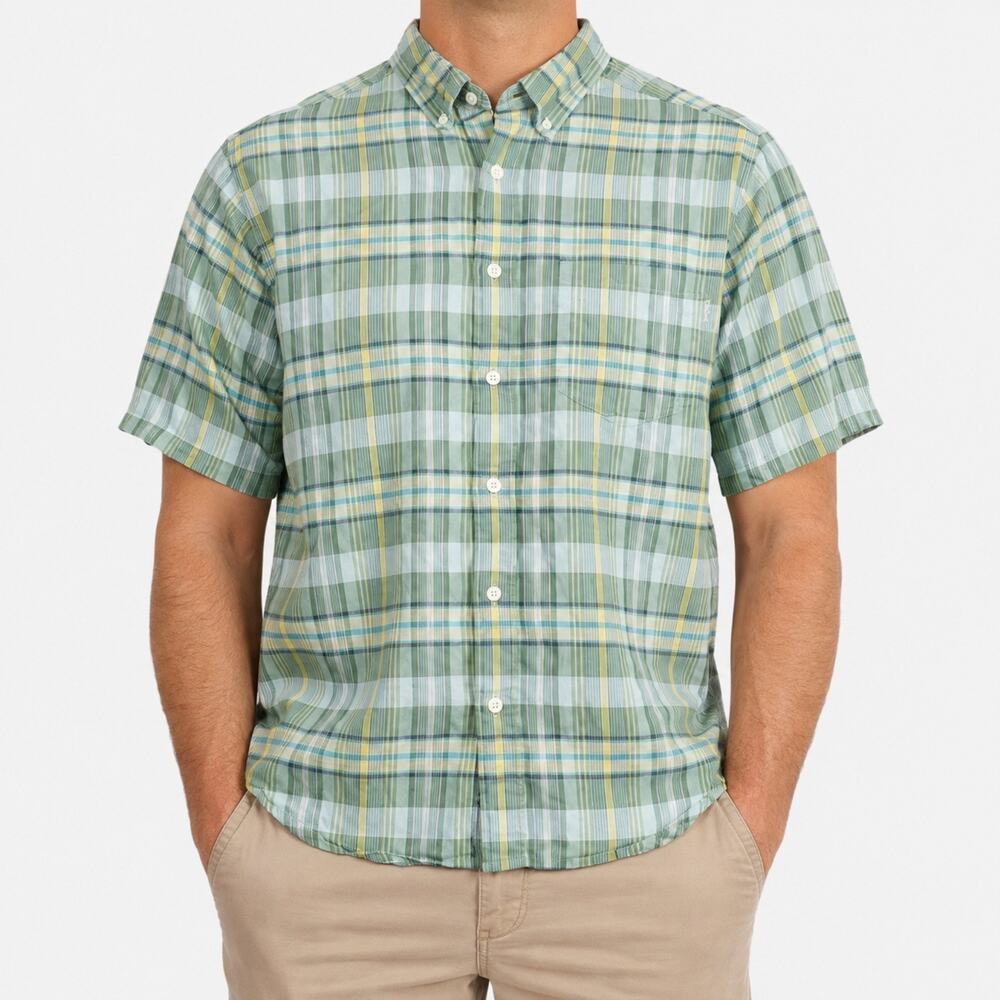 Woolrich Shirt Mens Large Green Yellow Plaid Cotton Short Sleeve Front Pocket